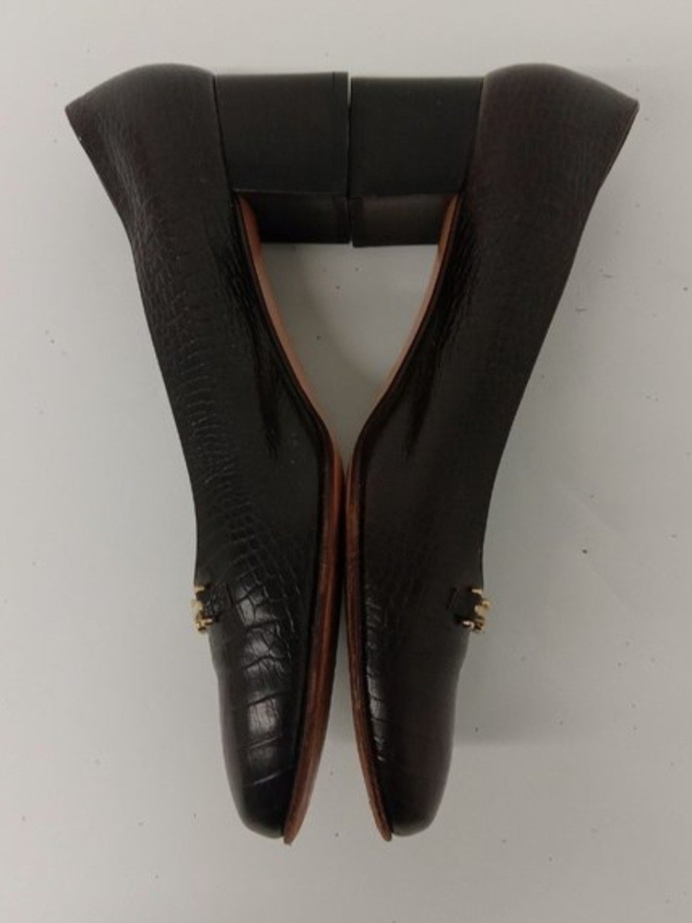 Vintage Salvatore Ferragamo Brown Croc-Embossed Leather Shoes with Gold Bit 8-2A - Picture 5 of 15